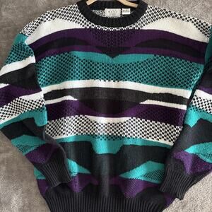 Vintage Sears 3D Sweater Mens M Geometric Multicolor Teal Abstract 80s 90s Y2K